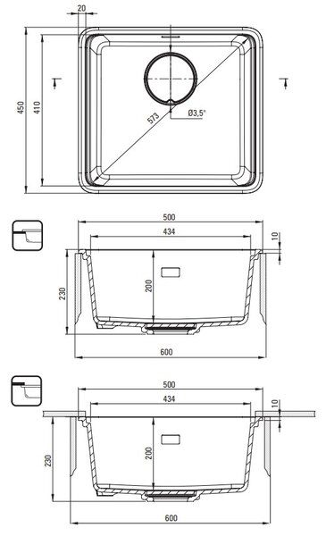 Deante Momi, chiuveta granit 1 camera 500x450x230 mm cu sifon economic, grafit metalic, DEA-ZKM_G10A