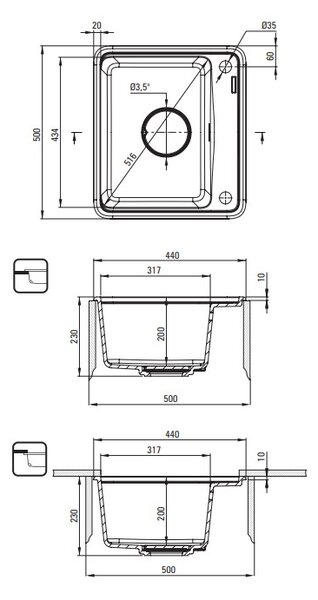 Deante Momi, chiuveta granit 1 camera 500x440x230 mm cu sifon economic, antracit, DEA-ZKM_T103