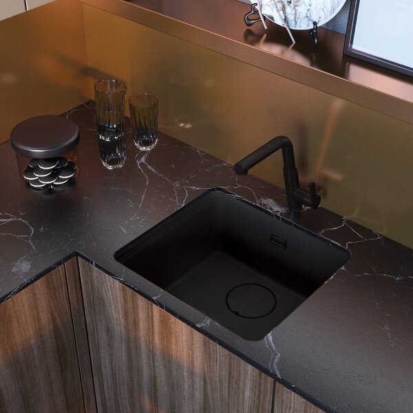 Deante Momi, chiuveta granit cu 1 camera 500x450x230 mm cu sifon economic, negru mat, DEA-ZKM_N10A