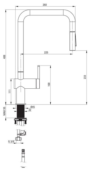 Deante Momi, baterie pentru chiuveta cu spray extractibil h-408, negru mat, DEA-BKM_N73N