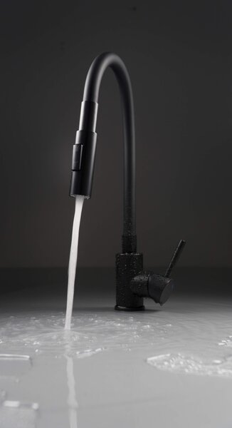 Deante Neo Luno, baterie pentru chiuvetă cu braț și spray din silicon, negru mat, BOC_N74M