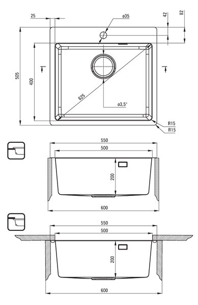 Deante Olfato, chiuvetă sub placă din oțel inoxidabil cu 1 cameră B/O 550x505x200 3,5" + sifon care economisește spațiu, model satinat periat, ZPO_01…