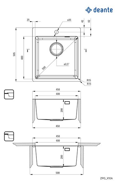 Deante Olfato, chiuvetă sub placă din oțel inoxidabil cu 1 cameră B/O 450x505x200 3,5" + sifon care economisește spațiu, model satinat periat, ZPO_01…