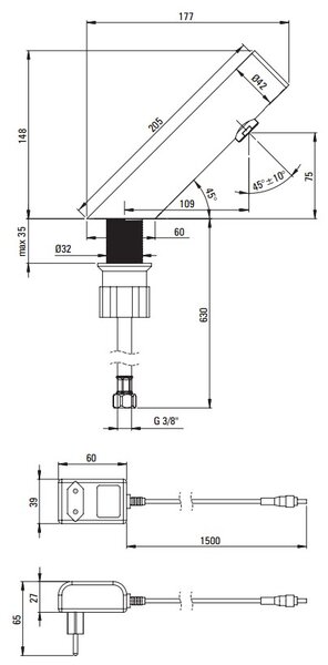 Deante Sense, robinet pentru chiuvetă fără atingere, fără control al temperaturii, sursă de alimentare 230/6V, negru mat, DEA-BQR_N28V