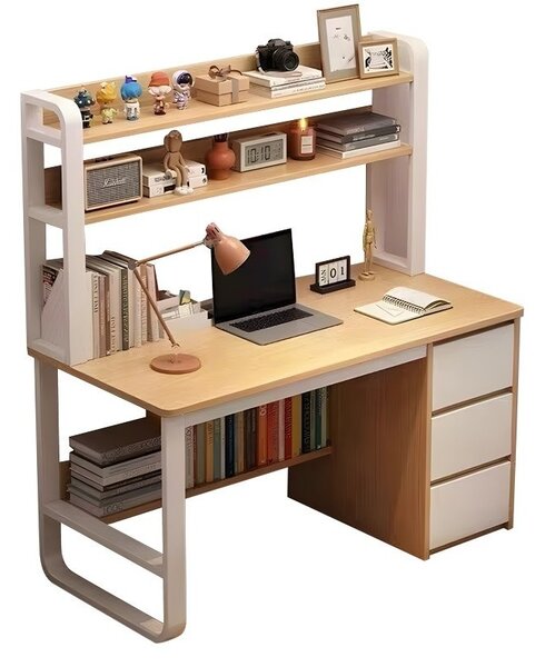 Birou cu Biblioteca Pako World, model Soco, 120x144x50 cm, Natural/Alb