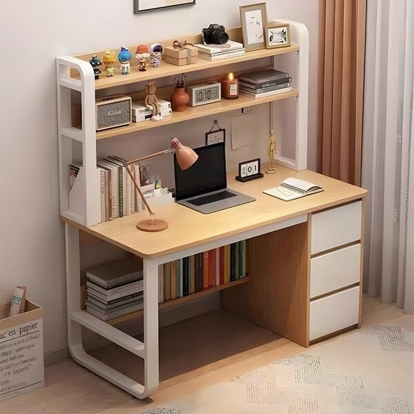 Birou cu Biblioteca Pako World, model Soco, 120x144x50 cm, Natural/Alb