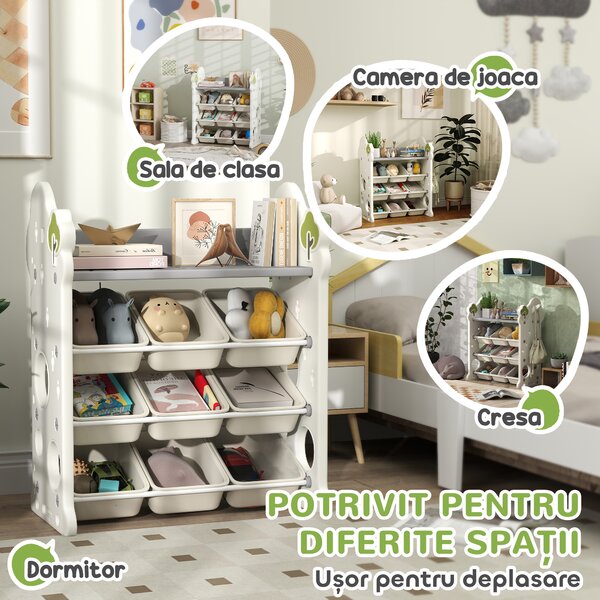 AIYAPLAY Etajeră pentru Copii, Organizator de Depozitare Jucării cu 4 Niveluri și 9 Coșuri, 77x42x94 cm, Crem Alb | Aosom Romania