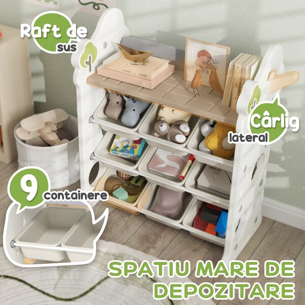 AIYAPLAY Etajeră pentru Copii, Organizator de Depozitare Jucării cu 4 Niveluri și 9 Coșuri, 77x42x94 cm, Crem Alb | Aosom Romania