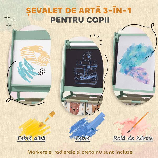 Tablă pentru copii 3 în 1 AIYAPLAY cu 2 containere, șevalet de artă din lemn pentru copii 3-8 ani, 54x46,5x93cm, de culoare verde | Aosom Romania