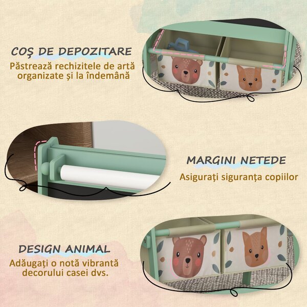 Tablă pentru copii 3 în 1 AIYAPLAY cu 2 containere, șevalet de artă din lemn pentru copii 3-8 ani, 54x46,5x93cm, de culoare verde | Aosom Romania