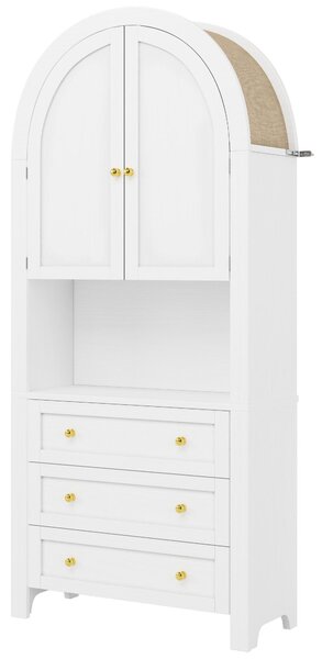 Dulap de depozitare înalt cu arc, cu 3 sertare, uși și compartiment deschis pentru expunere, pentru bucătărie și living, 70x35x180 cm, Alb