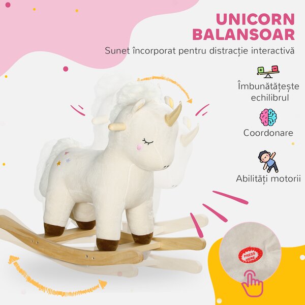 AIYAPLAY Cal Balansoar pentru Copii 2-4 Ani în Formă de Unicorn cu Sunete și Înveliș Moale, 63x33x56 cm, Alb | Aosom Romania