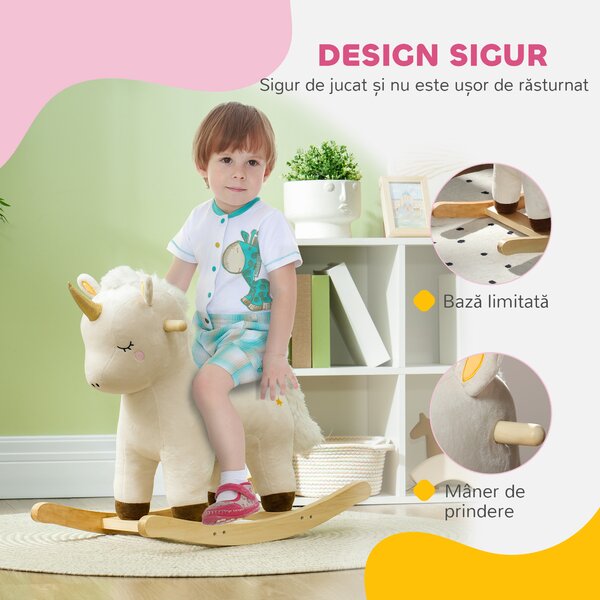 AIYAPLAY Cal Balansoar pentru Copii 2-4 Ani în Formă de Unicorn cu Sunete și Înveliș Moale, 63x33x56 cm, Alb | Aosom Romania