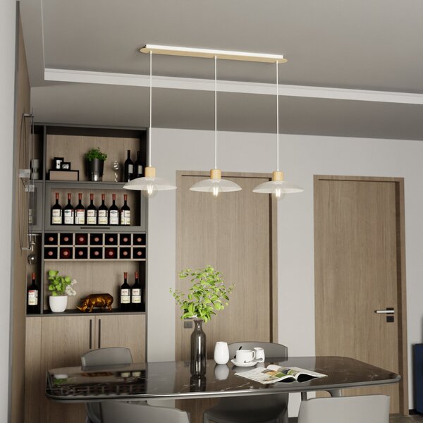 EMIBIG LIGHTING Lampă suspendată Kobe, trei lumini, oțel, lemn, alb, reglabil, Alb, Camera de zi / sufragerie, Metal