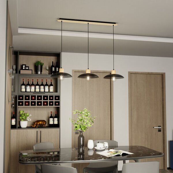 EMIBIG LIGHTING Lampă suspendată Kobe, 3 becuri, oțel, lemn, negru, reglabil, Negru, Camera de zi / sufragerie, Metal