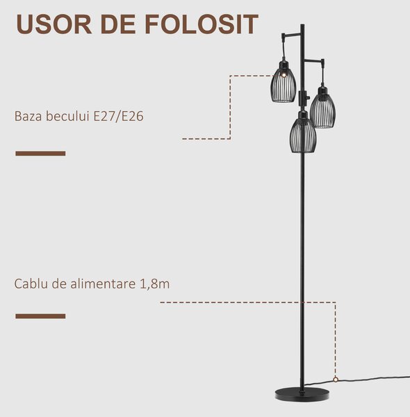 HOMCOM Lampadar Industrial cu 3 Abajururi și Intensitate Regulabilă, 30x30x170.5 cm, Negru | Aosom Romania