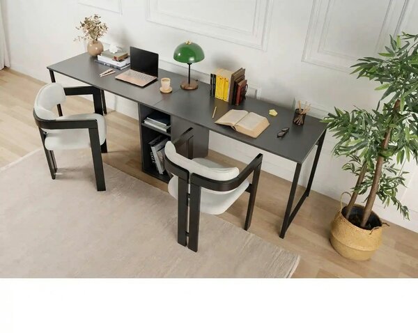 Birou TWIN, gri antracit/negru, PAL melaminat/metal, 240x60x74 cm