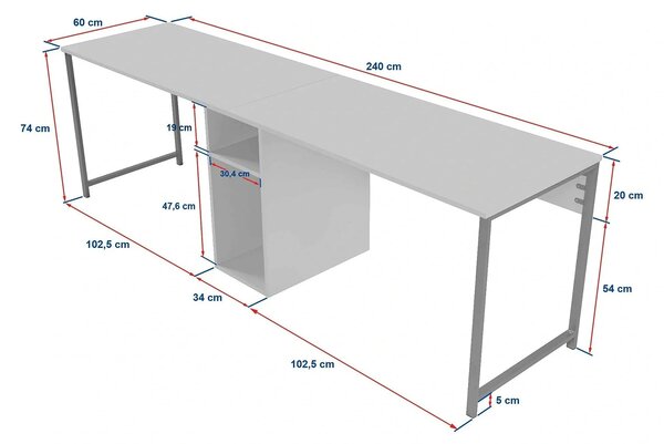 Birou TWIN, alb/auriu, PAL melaminat/metal, 240x60x74 cm