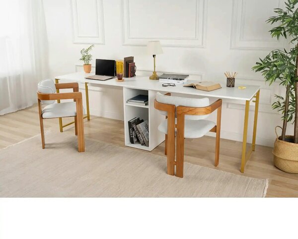 Birou TWIN, alb/auriu, PAL melaminat/metal, 240x60x74 cm