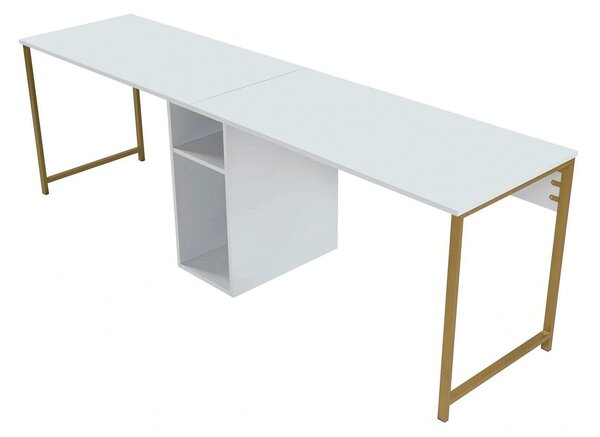 Birou TWIN, alb/auriu, PAL melaminat/metal, 240x60x74 cm