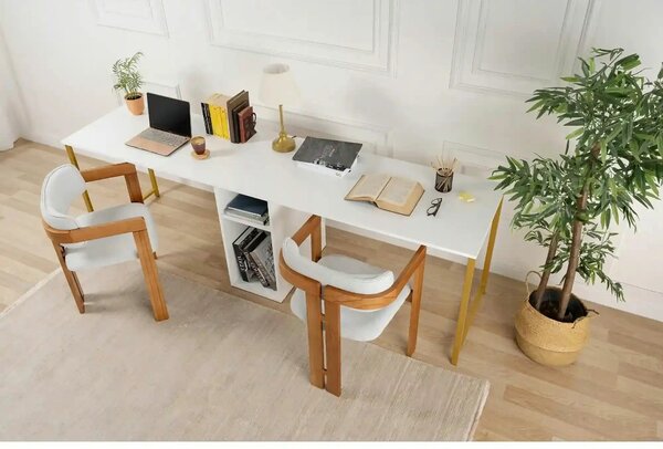 Birou TWIN, alb/auriu, PAL melaminat/metal, 240x60x74 cm
