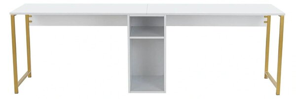 Birou TWIN, alb/auriu, PAL melaminat/metal, 240x60x74 cm