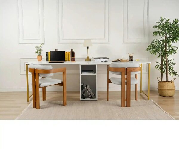 Birou TWIN, alb/auriu, PAL melaminat/metal, 240x60x74 cm