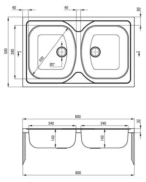 Deante Tango, chiuveta blat din inox cu 2 camere B/O 800x500x140 2" + sifon, model satinat, ZM5_0200