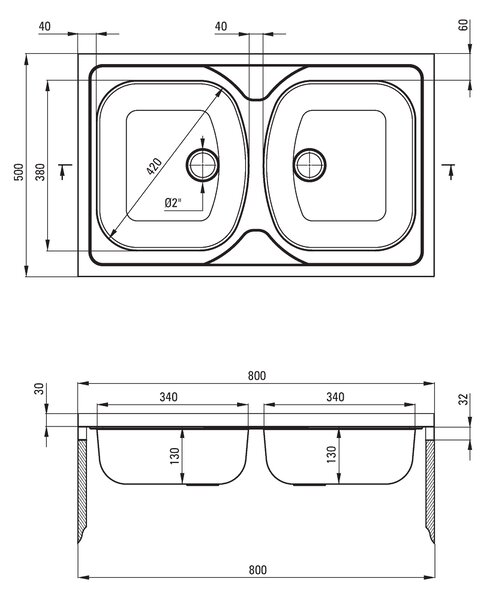 Deante Tango, chiuveta blat inox cu 2 camere B/O 800x500x130 2" + sifon, model satinat cu benzi, ZM5_020N