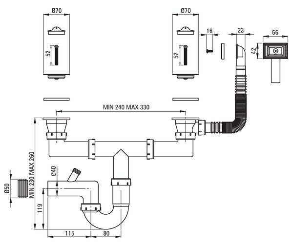 Deante Tango, chiuvetă blat din oțel inoxidabil cu 2 camere Z/O 1200x600x150 2" + sifon, model satinat, ZE6_0210