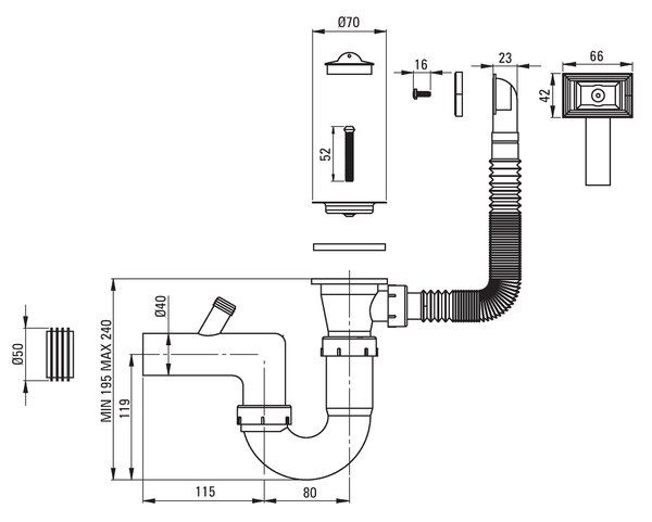 Deante Techno, chiuveta blat din otel inoxidabil cu 1 camera Z/O 860x435x160 2" + sifon, model satinat, ZMU_011B