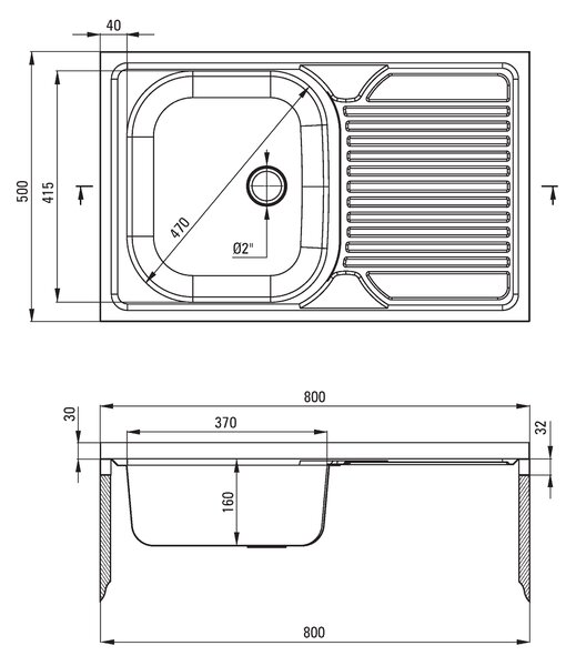 Deante Tango, chiuvetă blat din oțel inoxidabil cu 1 cameră, dreapta, Z/O 800x500x160 2" + sifon, model satinat cu benzi, ZM5_011P
