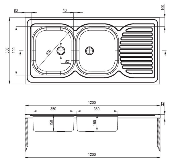 Deante Tango, chiuvetă blat din oțel inoxidabil cu 2 camere Z/O 1200x600x150 2" + sifon, model satinat, ZE6_0210