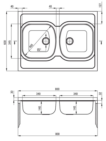 Deante Tango, chiuvetă blat din oțel inoxidabil cu 2 camere, B/O 800x600x140 2" + sifon, model satinat cu benzi, ZM6_020N