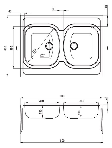 Deante Tango, chiuvetă blat din oțel inoxidabil cu 2 camere, B/O 800x600x130 2" + sifon, model satinat, ZM6_0200