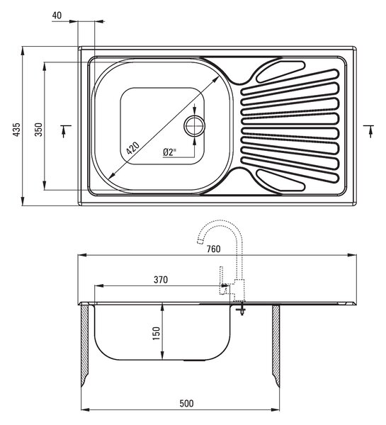 Deante Techno, chiuveta blat din inox cu 1 camera Z/O 760x435x150 2" + sifon, model decor, ZMU_3110