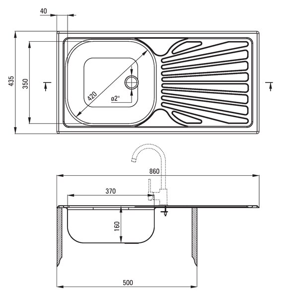Deante Techno, chiuveta blat din otel inoxidabil cu 1 camera Z/O 860x435x160 2" + sifon, model satinat, ZMU_011B
