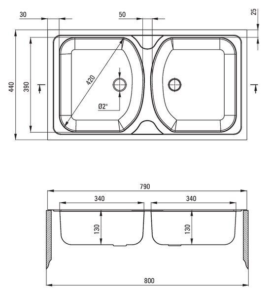 Deante Techno, chiuveta blat din inox cu 2 camere B/O 790x440x130 2" + sifon, model satinat, ZMU_0200