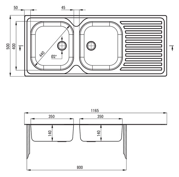Deante Techno, chiuvetă blat din oțel inoxidabil cu 2 camere Z/O 1165x500x140 2" + sifon, model satinat, ZEU_0210