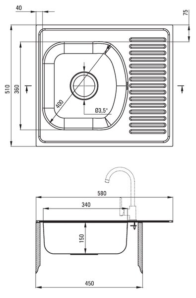 Deante Techno, chiuveta blat din otel inoxidabil cu 1 camera Z/KO 580x510x150 3.5" + sifon, model satinat, ZMU_0113
