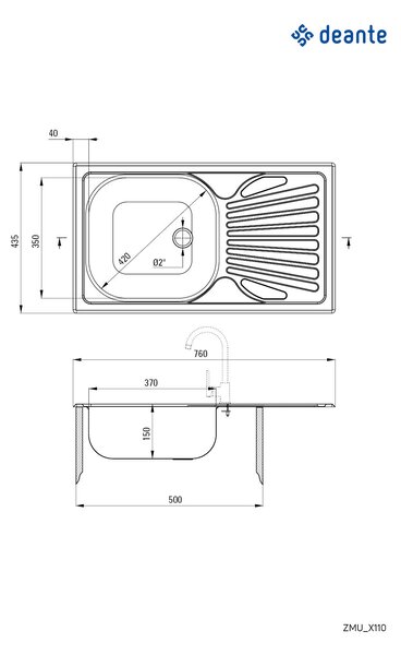 Deante Techno, chiuveta blat din otel inoxidabil cu 1 camera Z/O 760x435x150 2" + sifon, model satinat, ZMU_0110