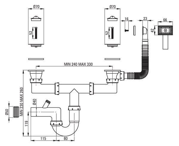Deante Techno, chiuveta blat din inox cu 2 camere B/O 790x440x130 2" + sifon, model satinat, ZMU_0200