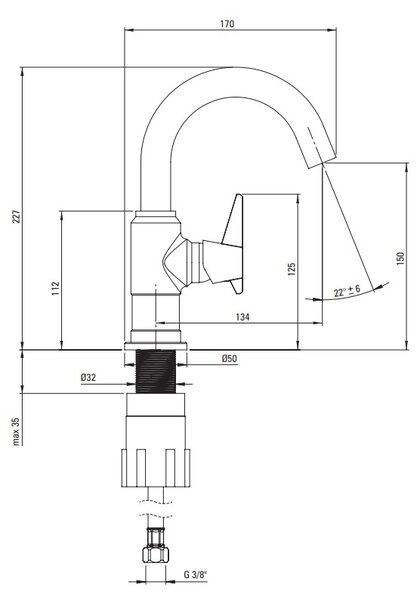 Deante Temisto, baterie chiuveta h-227, crom, DEA-BQT_020M