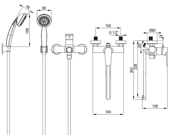 Deante Tubo, baterie pentru cada montată pe perete cu braț prelungit 339 mm și set de duș manual, crom, DEA-BUT_057M