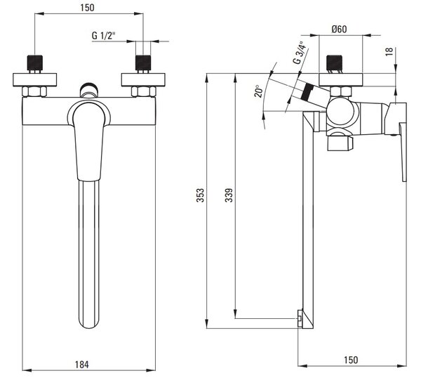 Deante Tubo, baterie pentru cada montată pe perete cu braț prelungit 339 mm, crom, DEA-BUT_056M