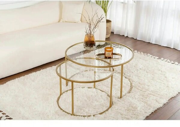 Set 2 masute cafea AURUM, transparent/auriu, sticla/metal