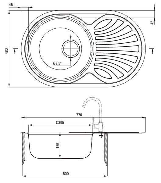 Deante Twist, chiuvetă blat din oțel inoxidabil cu 1 cameră Z/O 770x480x165 3.5" + sifon, model decor, ZEU_311B