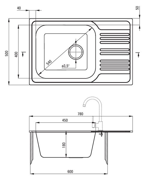 Deante Xylo, chiuvetă blat din oțel inoxidabil cu 1 cameră Z/KO 780x500x180 3,5" + sifon, model satinat, ZEX_011B