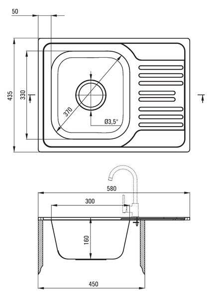 Deante Xylo, chiuvetă blat din oțel inoxidabil cu 1 cameră Z/KO 580x435x160 3.5" + sifon, model satinat, ZEX_011A