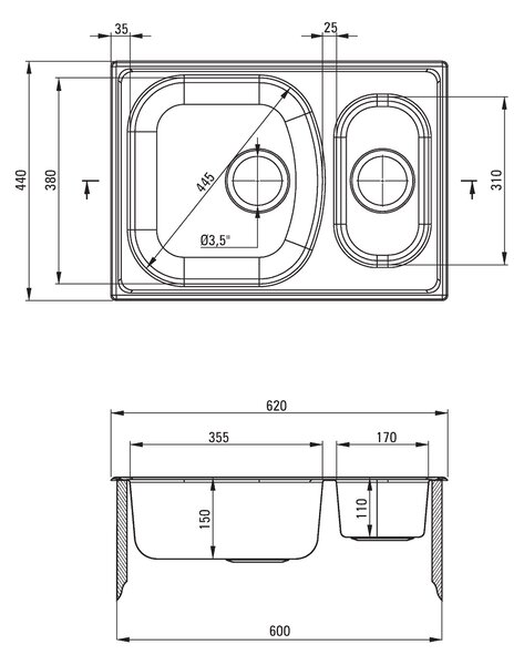 Deante Xylo, chiuvetă blat din oțel inoxidabil cu 1,5 camere B/O 620x440x150 3,5" + sifon, model satinat, ZEX_0503